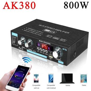 AK-380 800W Domov Auto Zosilňovač 2 Kanál Bluetooth 5.0 Audio Digitálny Zosilňovač, FM, USB, Diaľkové Ovládanie HIFI Stereo Subwoofer