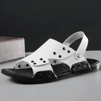 Letné pánske Originálne Kožené Sandále Módne Ploché Topánky Vonkajšie Priedušná Ležérne Topánky Čierne Pláže Papuče luxusné sandále