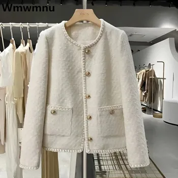 Nové Elegantné Ženy Vlnené Tweed Bunda Na Jeseň Ročníka Ženy Oblečenie Kabát Kórejský Štýl Vrchné Oblečenie Biele Základné Elegantné Chaquetas