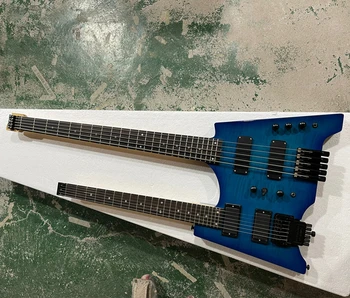 Flyoung Dvojitý Krk 6+5 Reťazcov Bezhlavého Elektrická Gitara s Flame Maple Dyha,Modré Telo,Ponúkame Prispôsobiť
