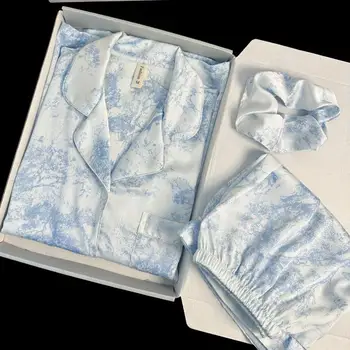 2023 Lete Nové-Krátke rukávy Šortky Pyžamá Pre Ženy Tenké Dvoch-dielny Set Móda Tlačené Domáce oblečenie Ice Blue Hodváb Sleepwear