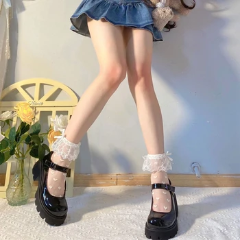 Ženy Lolita Transparentné Oka Posádky Ponožky Sladké Rozstrapatené Čipkou Trim Bowknot Roztomilý Láska Srdce Vzor Anime Princezná Pančuchový Tovar