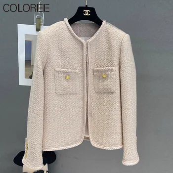 Jeseň Zima Elegantné Ružové Vlna & Zmesi Coats 2023 kórejský Módne O-krku Krátke Tweed Bunda pre Ženy, Luxusné Chaquetas Mujeres