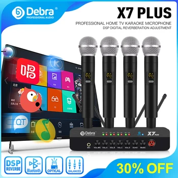 Debra X7PLUS 4 Kanálový Bezdrôtový Mikrofón S DSP Reverb,5.0 Bluetooth, Optické Rozhranie Pre TV Karaoke Cirkev Strana
