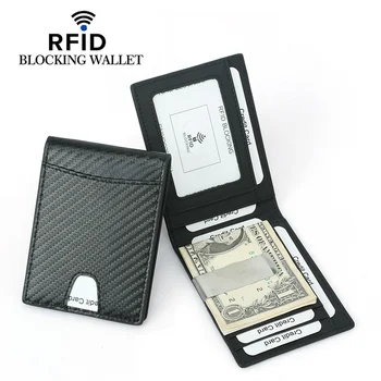 Nové RFID Blokovanie Slim Uhlíkových Vlákien Kožené Peňaženky S klipom Mužov ID Kartu, Držiak na Predné Vrecko Bifold Muž Kovové Svorky Pre Peniaze