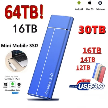 Prenosné 64TB 1 tb diskom SSD High-Rýchlosť Mobilné Pevné ssd Externé Úložné Decives Typ-C, USB 3.1 Rozhranie na Notebooku/PC/ Mac
