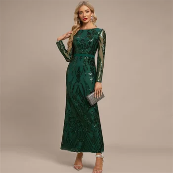 Lesk Matka Nevesty Šaty Široký-v strede zúžený Backless Členok-Dĺžka Emerald Prom Šaty Celý Rukáv Sequined Dlho Party Šaty