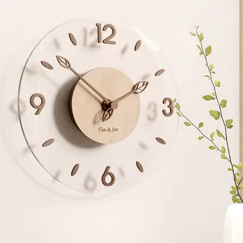 Moderný minimalistický nástenné hodiny obývacia izba akrylátové nástenné hodiny transparentné stlmiť Nordic hodiny, drevené ihly tvorivé drevené hodiny