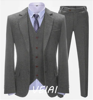 Pánske Oblek Formálne pričom Uhlopriečny 3-kus Sivej Obchodné Stretnutie na Prispôsobenie balíka Office (sako + vesta + nohavice)