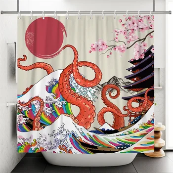 Japonský Štýl Sprchový Záves 3D Maľba Kúpeľňa Záclony Nepremokavé Polyesterové Tkaniny Vaňa Záves S Háčikmi