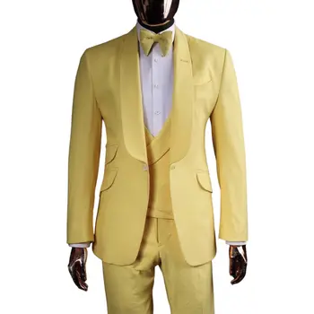 Oblek pre Mužov Žltá Letná Bežné Obleky 3 Ks Slim Fit Veľký A Vysoký Sady pre Klasické Svadobné Sako, Vesta Nohavice Mužské Oblečenie