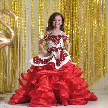 Červená Mini Quinceanera Šaty Plesové Šaty, Špagety Popruhy Appliques Kvetina Dievča Šaty Na Svadby Mexickej Sprievod Šaty Dieťa