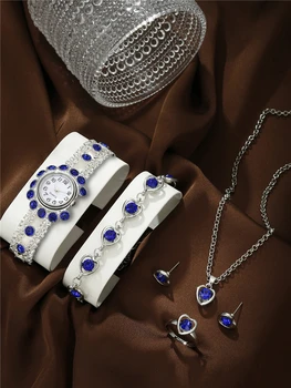 Jednoduché a módne dámske náramok hodiniek+4-dielna sada v tvare srdca drahokamu šperky set