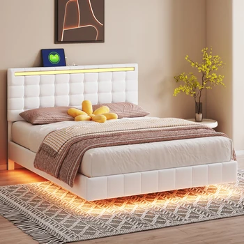 LED Plávajúce Posteľ,Štýlový Queen Size Bed Rámu s LED Svetlá a USB Nabíjanie,Štýlový Čalúnené Postele,mládež posteľ dospelých posteľ,biela
