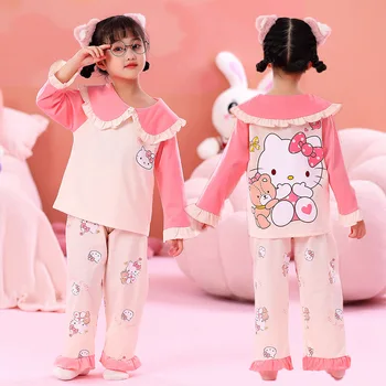 Sanrio Kawaii Cinnamoroll Kuromi MyMelody Hello Kitty Deti Sleepwears Dievčatá Bavlna, Dlhý Rukáv Cartoon Pajama Súpravy Oblečenie Pre Voľný Čas Darček