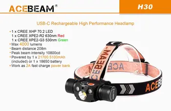 Acebeam H30 6500k 4000 Lúmenov USB-C Nabíjateľná Svetlomet Červená + CRI90 Led