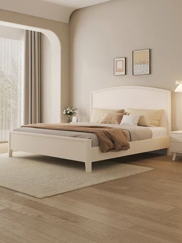 Masívneho dreva kožené postele Moderný jednoduchý malé Domáce hlavné manželská posteľ popola dreva okraji mäkké svadobné posteľ