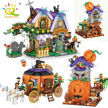 HUIQIBAO Halloween Mini Tekvica Dom Micro Model Stavebné Bloky Mesto Dieťa DIY Pumpkin Carriage Nastaviť Tehly Hračky pre Deti Darček