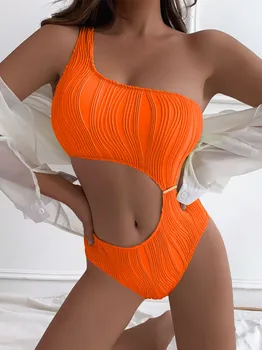 Sexy Biele, Oranžové Plavky 2023 Ženy Rameno Duté Z Push Up Jeden Pieece Plavky Pevné Plavky Backless Monokiny