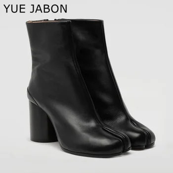 YUE JABON Čierne Luxusné Split Prst Členok Topánky Nové Sexy Robustný Kolo Vysoké Podpätky Ženy Topánky Zimné Tabi Topánky Teplé Krátke Topánky