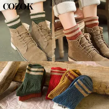 5 Párov Japonský Jarajuku Štýl Vlnené Ponožky Ženy Jeseň Zima Dva Pruhy Žena Ponožky Lady Vysokej Kvality Calcetines Mujer Meias
