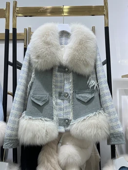 2023 Jeseň Zimné dámske Džínsové Hus Nadol Kabáty S Prírodnými Reálne Fox Kožušiny Golier Outwear Luxusné Žena Bunda