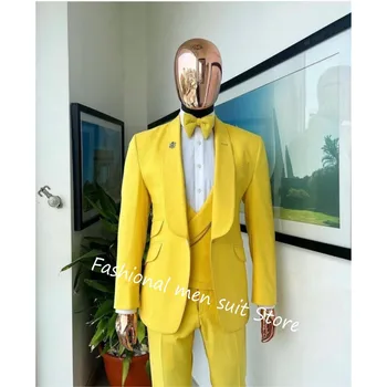 Plný pánske Obleky 3 Ks Žltá Šatka Klope Kostým Homme Svadobné Šaty Ženícha Obleku Najlepší Muž Oblečenie Bunda+Nohavice+Vesta
