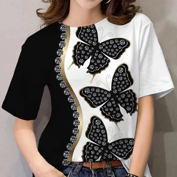 Letné dámske tričko Butterfly Tlač Topy Y2k Dievčatá Oblečenie-Krátke rukávy Módne Tričká 2023 Bežné Harajuku Tričko