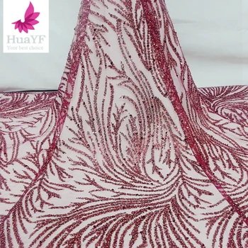 1 Yard Kvalitné Módne Červené Víno Šumivé Korálkové Sequin Svadobného Tylu Textílie Afriky Svadobné Šaty Čipky HY1727