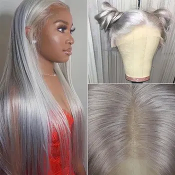 Silver Grey Rovno Syntetické Vlasy Predné Čipky Parochne Glueless Pripravené Na Nosenie Preplucked Vysoká Kvalita Tepelne Odolných Vlákien Pre Ženy