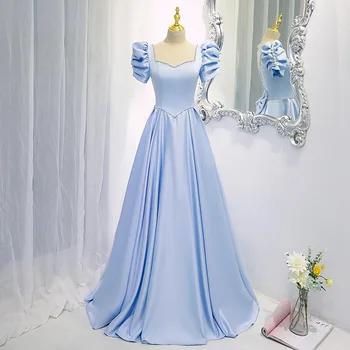 Romantický Modrá Večerné Šaty Jednoduchého tvaru Štíhla Princezná Lístkového Rukáv Quinceanera Šaty Pearl Korálkové Luk Backless Formálne Šaty