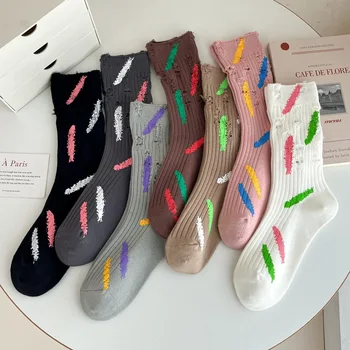 Farebné Tlač Ženy Bavlnené Ponožky Vintage Harajuku Streetwear Elastické Dlhé Ponožky Kórea Módne Pletenie Bavlna Otvor Ponožky Sox