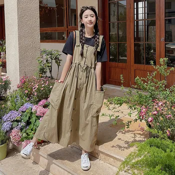 Veľké Vrecko Bežné Popruh Šaty pre Ženy 2023 Lete Japonsko Streetwear Voľné Šnúrkou Pása A-line Podväzky Šaty Lady K136