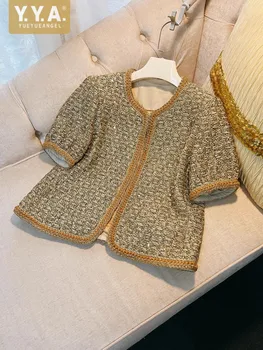Luxusné Nové Dizajnér Ženy Tweed Bunda Krátky Rukáv O-Krku Office Dámske Elegantné Krátka Srsť Francúzsky Štýl Vintage Vrchné Oblečenie Topy
