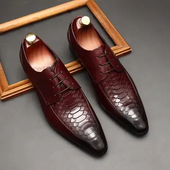 Muži Originálne Kožené Topánky Hadí Vzor, Business Šaty Formálne Derby Topánky Čierne Červené Víno Ukázal Prst Čipky Oxford Obuv Muži
