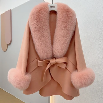 Vysoko módne Dámy Ružová béžová Reálne Fox Kožušiny Cashmere zmiešané coats Nadrozmerné prírodné kožušiny Bunda Outwear