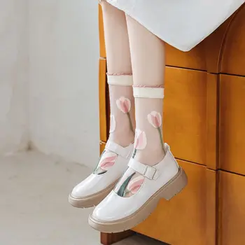 Ultra-tenký Priehľadný Kryštál Hodváb Ponožky Ženy Móda Japonský Harajuku Posádky Ponožky Retro Kvet Streetwear Elastické Dlhé Ponožky