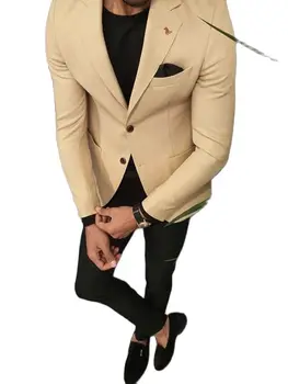 Módny Dizajn Úplné Muži Obleky s Drážkou Klope Šampanské Kabát, Sako Business pánske Oblek Svadobný Kostým 2 ks Bunda+Čierne Nohavice