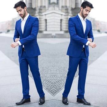 Najnovšie Kabát Nohavice Dizajn Svadobné Obleky Royal Blue Man Business Bunda Chudá Ženícha Smoking 2 ks Slim Fit Terno Masculino Kostým