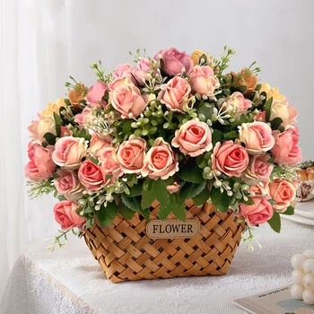 Umelé Kvety Falošné Rose 10 Hláv Hodváb Kytice s Plastovými Stonky na Svadobný Stôl Váza Vrchol Rastliny Domov Izba Dekor
