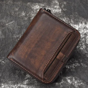 Klasická Peňaženka muž krátky top vrstva cowhide peniaze, mince kabelku pánske retro peňaženky vertikálny zips bežné malé peňaženky