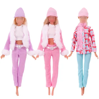 Multicolor 2 Ks/Set Dlhý Rukáv Mäkké Kožušiny, Plyšové Kabát Šaty + Vysokým Podpätkom Zimné oblečenie Doplnky pre Barbie Doll Oblečenie pre Deti, Hračky