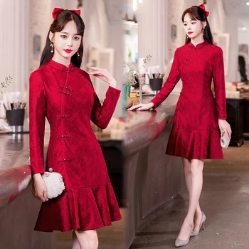 Moderné Lepší Dlhý Rukáv Červená Cheongsam Strany Swing Šaty Tradičný Čínsky Nový Rok Qipao Šaty Plus Veľkosti 4XL