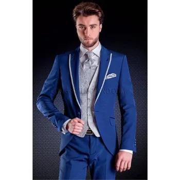 Kostým Homme Blue Výbava Taliansky Muži Obleky Najnovšie Návrhy Svadobné Sako Ženícha Slim Fit Smoking 3 Kusy Terno Bunda+Nohavice+Vesta