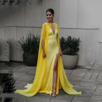 Kateřina Žltá Dlho Prom Šaty S Kapskom V Krku Sexy Strane Pozdĺžneho Formálne Večerné Šaty dámske Oblečenie Party Šaty