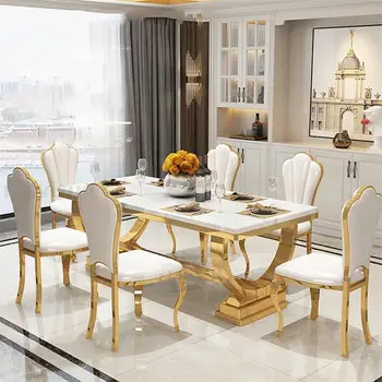 Svetlo Luxusný Kuchynský Stôl S Mramorovou Obdĺžnik Stabilné Pozlátené Z Nerezovej Ocele, Rám Jedálenský Stôl A Stoličky Zmes