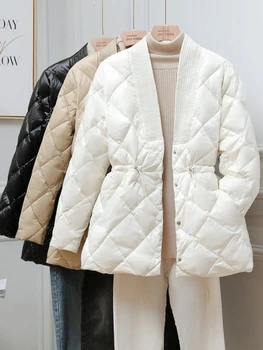 Zimný Kabát Hrubé Teplé Dámske Dole Bavlna Parkas Nadrozmerné Voľné Coats Zabalené Pás Štíhly Pás V-neck kórejský Módne Kabát