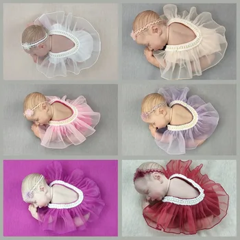 2 Ks Novorodenca Fotografie Rekvizity Oblečenie Baby Dievčatá Pearl Šaty+Čipky Hlavový Most Set Baby Baletné Šaty Studio Streľba Príslušenstvo