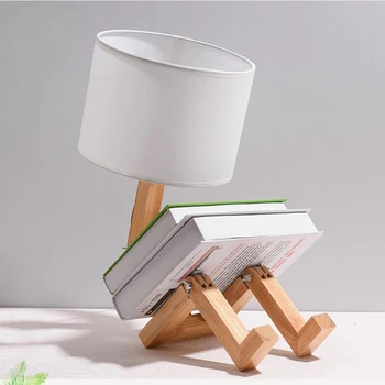 Robot tvarované drevené stolná lampa E14 objímky 110-240V textílie drevené stolná lampa obývacia izba štúdia nočné lampy