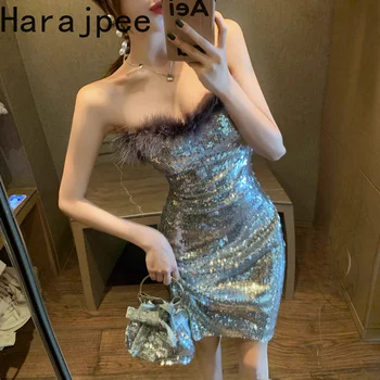 Harajpee kórejský Elegantné Celebrity Sequin Bandeau Šaty Ženy, Nový High-end Kožušiny Panely Chudá Hip Zábal Večer Sexy Vestidos Lete